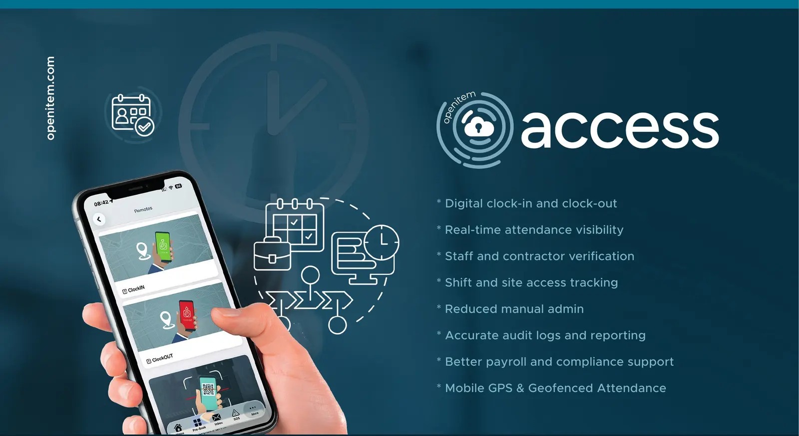 OpenItem Time & Attendance — digital clock-in and clock-out